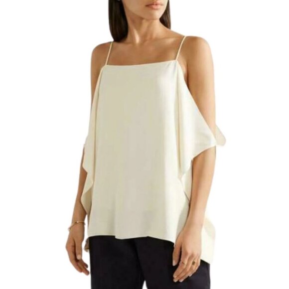 Theory Cold Shoulder Rosina Top Womens Medium Ivory Sleeveless Crepe Blouse - Picture 2 of 3